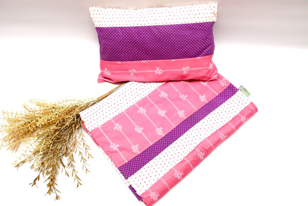 Babydecke mit Kissen, Kinderdecke, Patchworkdecke in Rosa Lila Blau